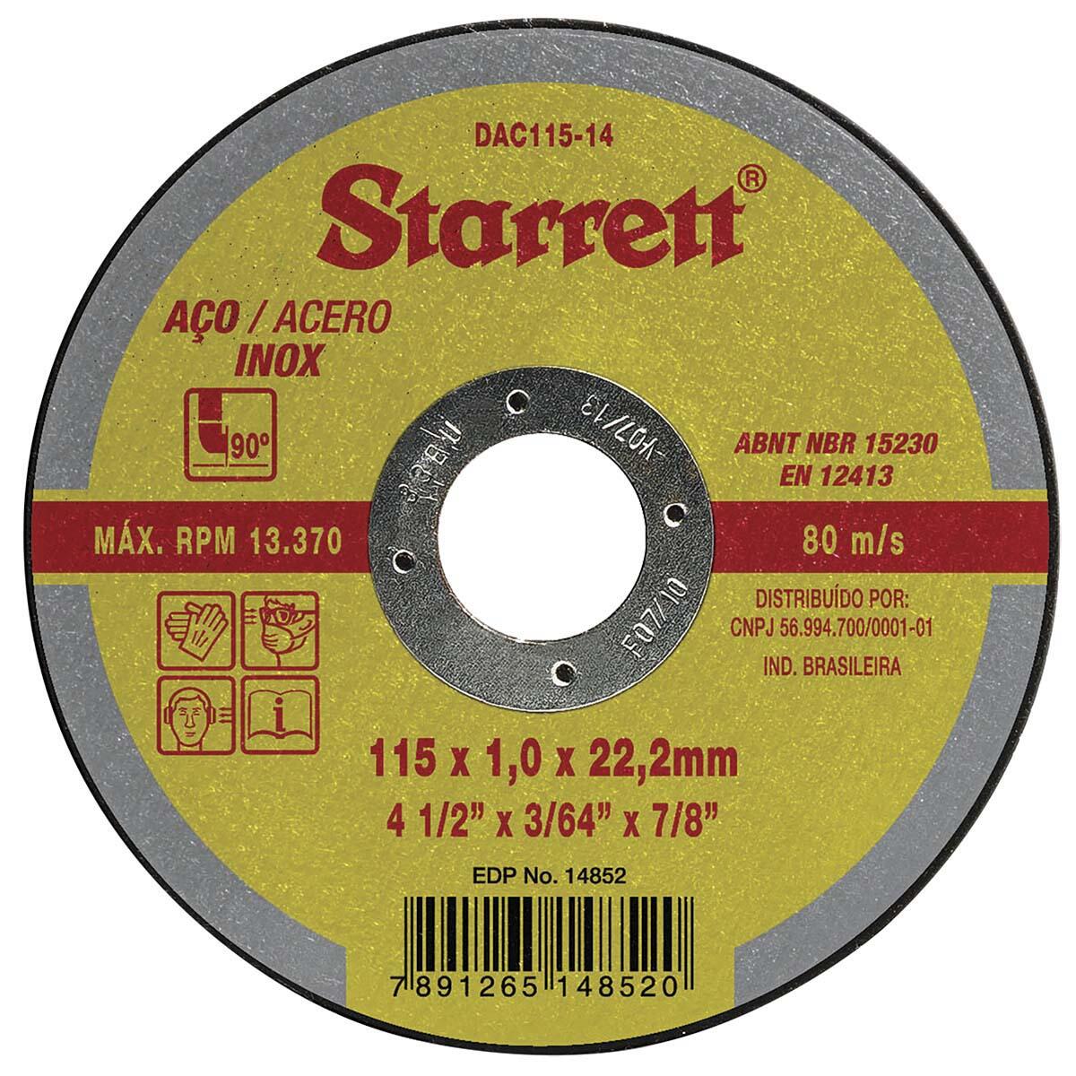 Disco De Corte Fino Para AÃ§o Inox 115X1Mm 13300Rpm Starrett